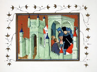 Interiér hradu Chester, když vévodové z Exeteru a Surrey doručují královský vzkaz vévodovi z Lancasteru, faksimile kopie z Le Prinse et Mort du Roy Richart od Jeana Cretona, přetištěno 19.